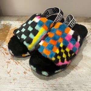 UGG Fluff Yeah Slide Multicolor Checkered Sheepskin Slippers 1135510 Womens 7
